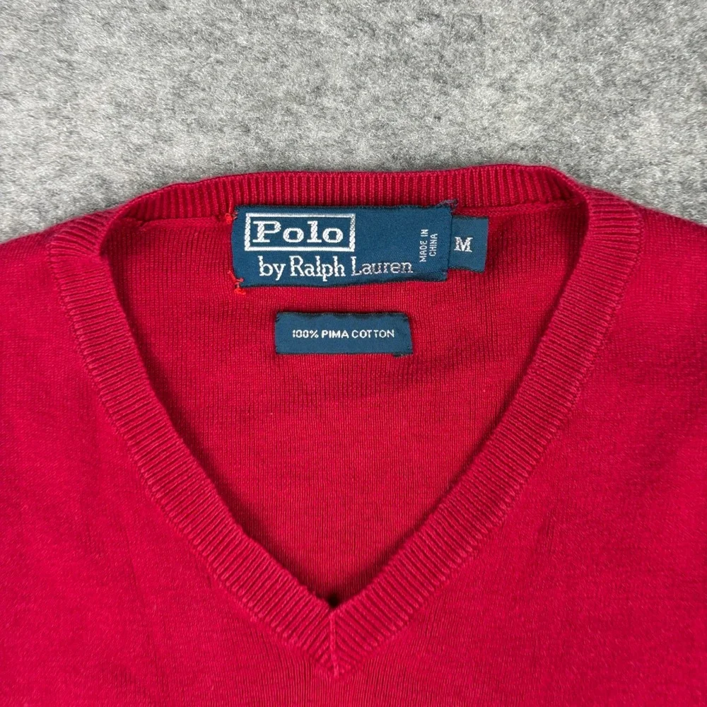 Polo Ralph Lauren V-Neck Sweater Mens Medium Red Pima Cotton Old Money Golf